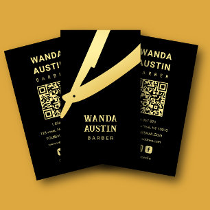 Friseur Friseursalon Schwarz-Gold-Rasierer QR-Code Visitenkarte