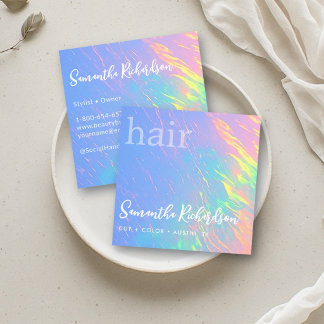 Friseur Friseuse Salon Holografisch Blau Quadratische Visitenkarte