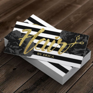 Friseur Gold Schrift Modern Schwarz Floral Visitenkarte