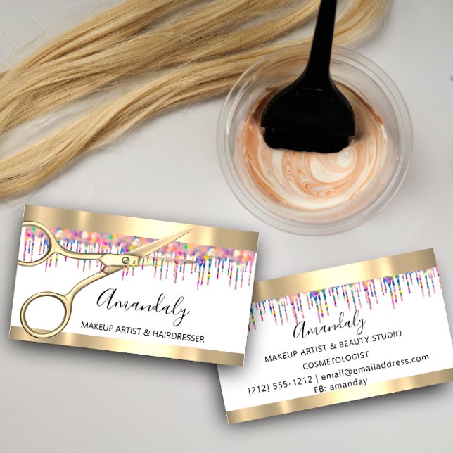 Friseur Hair Stylist Holograph Tropfens Scheren Visitenkarte (Hair Stylist Hairdresser Holograph Drips Scissors Business Card)