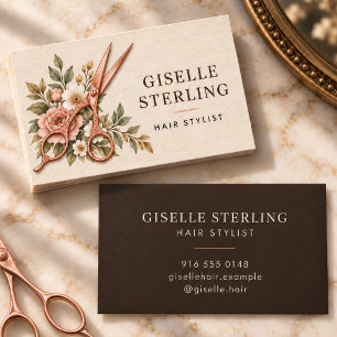 Friseur Leinen Blumen Roségold Schere Visitenkarte