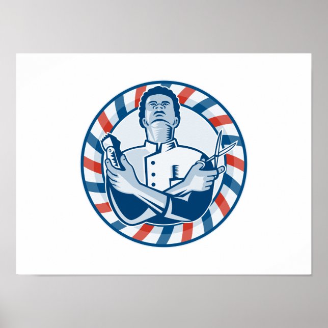 Friseur mit Pole-Haarklappen und Scheren-Retro Poster (Vorne)