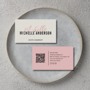 Friseur Modern Neutral und Rosa QR-Code Visitenkarte