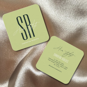 Friseur moderne grüne Monogrammanfänge Quadratische Visitenkarte