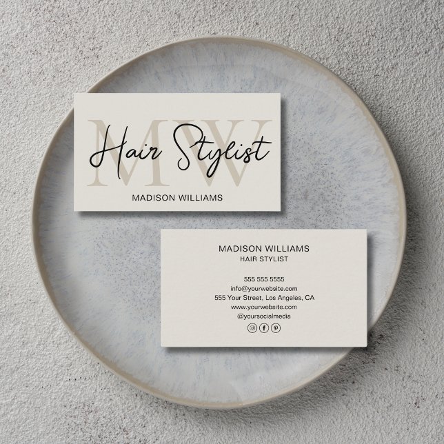 Friseur Modernes Monogramm Neutral Beige Visitenkarte (Hair Stylist Modern Monogram Neutral Beige Business Card)