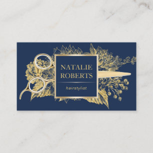 Friseur Navy & Gold Floral Schönheitssalon Visitenkarte