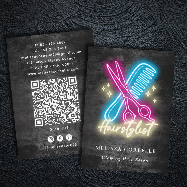 Friseur Neon Glow & Black Grunge QR-Code Visitenkarte (Von Creator hochgeladen)