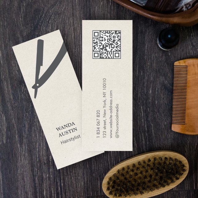 Friseur-Rasierer Beige Rustikal Kraft QR-Code  Mini Visitenkarte (Von Creator hochgeladen)