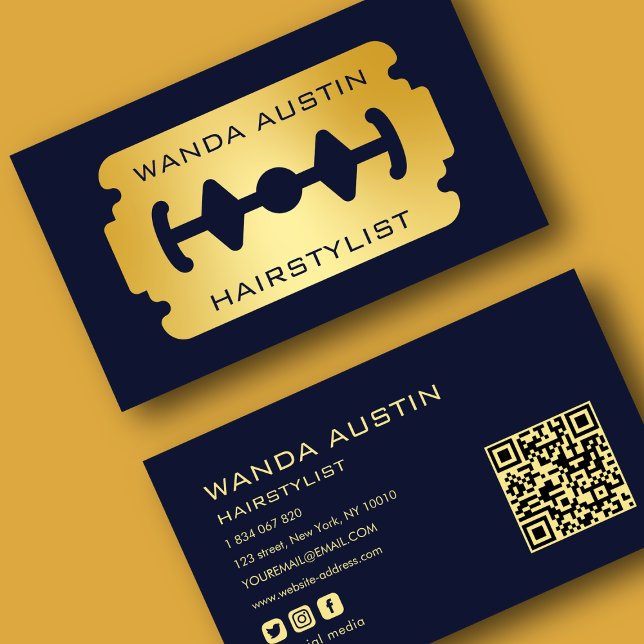 Friseur-Rasiermesser Navy und Gold QR-Code  Visitenkarte (Von Creator hochgeladen)