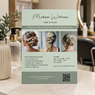 Friseur-Salon 3 Fotos QR Salbei-Grün Flyer