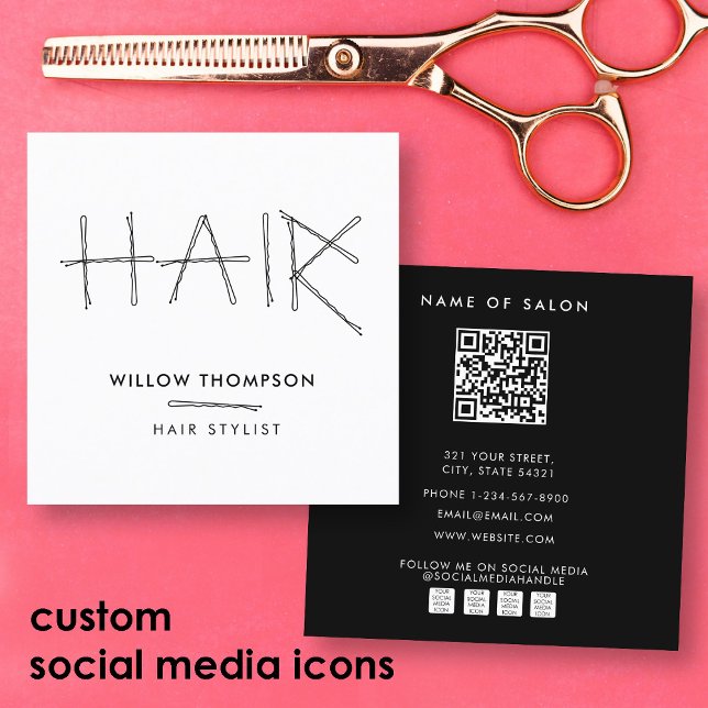 Friseur Schwarz-weiß Bobby Buttons Friseur Treppe Quadratische Visitenkarte (Hairdresser Black White Bobby Pins Hair Stylist Square Business Card)