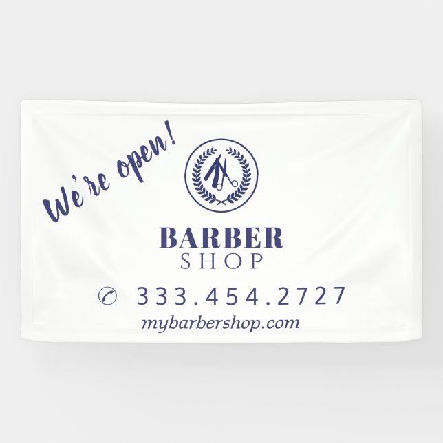 Friseur-Shop einfaches, modernes blaues Logo Werbu Banner (Horizontal)