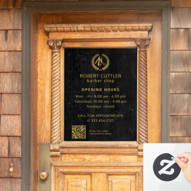 Friseur-Shop Öffnungszeiten Gold schwarzes Logo QR Fensteraufkleber (Haustür)