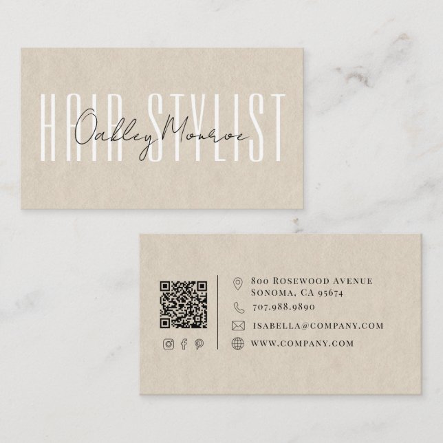 Friseur Skript Name Tan QR Code Visitenkarte (Vorne/Hinten)