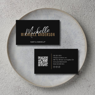 Friseur-Style Moderner Schwarzer Gold-QR-Code Visitenkarte