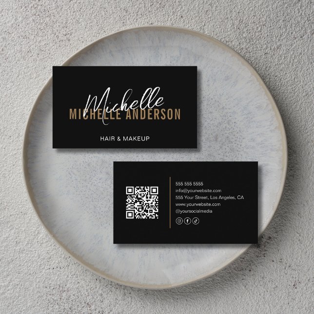 Friseur-Style Moderner Schwarzer Gold-QR-Code Visitenkarte (Hair Stylist Modern Black Gold QR Code Business Card)