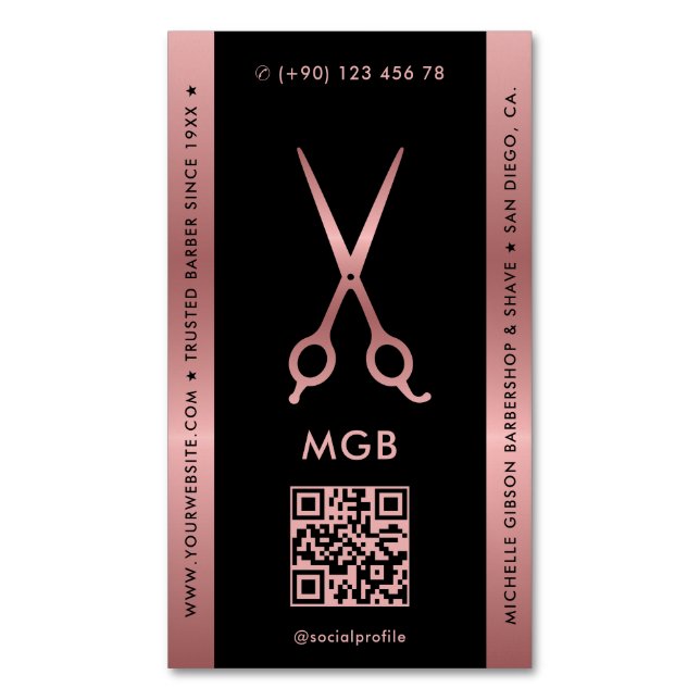 Friseur Stylist Barber Black Pink Rosegold Scheren Magnetische Visitenkarte (Vorderseite Vertikal)