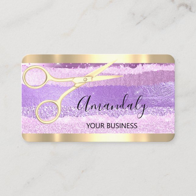 Friseur Stylist Coiffeur Schere Gold Lila Visitenkarte (Vorderseite)