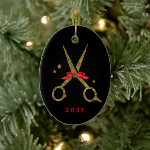 Friseur Stylist Golden Glitzer Schere Keramik Ornament