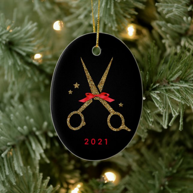 Friseur Stylist Golden Glitzer Schere Keramik Ornament (Baum)