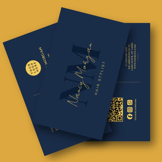 Friseur-Stylist Navy Blau Gold Monogramm QR-Code-L Visitenkarte (Von Creator hochgeladen)