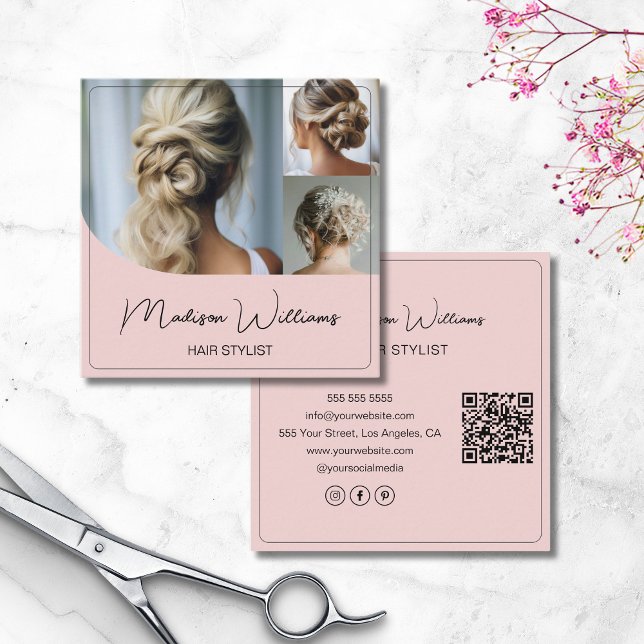 Friseur Stylist Salon 3 Fotos QR Rosa Quadratische Visitenkarte (Hair Stylist Salon 3 Photos QR Pink Square Business Card)