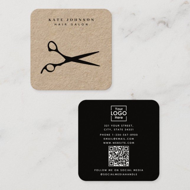 Friseur-Stylist-Schere Barber QR-Code-Firmenlogo Quadratische Visitenkarte (Vorne/Hinten)