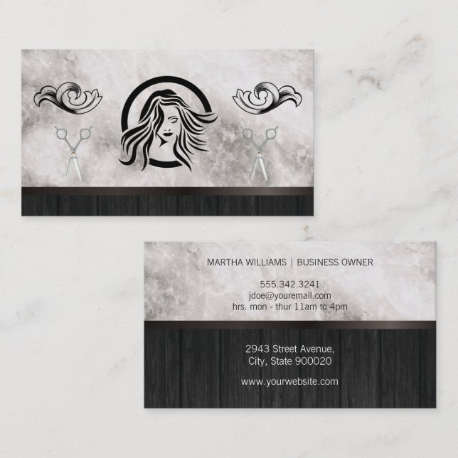 Friseur Stylist und Schönheit | Marmorholz Visitenkarte (Vorne/Hinten)