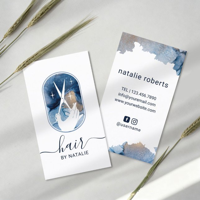 Friseur-Stylistin-Schere & Hand-Logo-Aquarellsalon Visitenkarte (Von Creator hochgeladen)