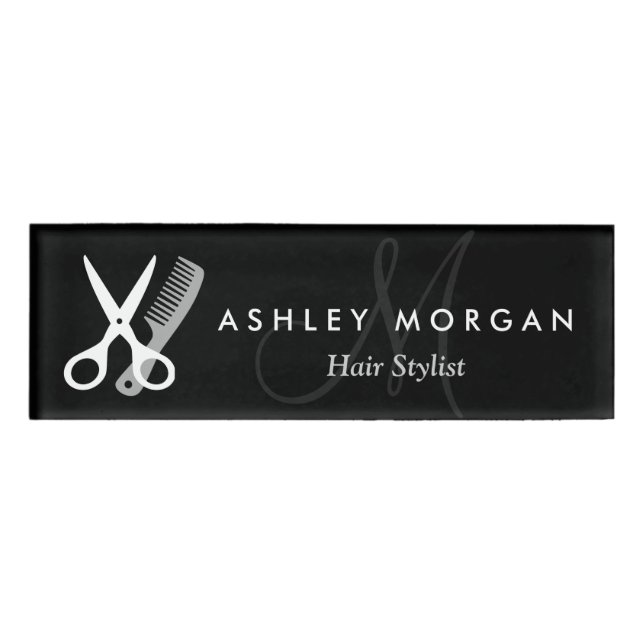 Friseur-Styllensalon Schwarz-weiße Schere Monogram Namenschild (Vorderseite)