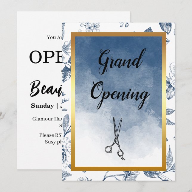 Friseur Vintag Blauer Blumensalon Eröffnung Einladung (Vorne/Hinten)