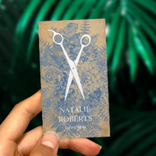Friseur Vintage Blau Floral Rustikal Kraft Visitenkarte