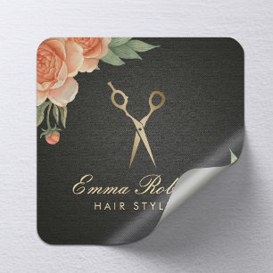 Friseur Vintage-Blumen Elegant Schwarz & Gold Quadratischer Aufkleber
