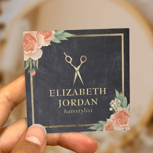 Friseur Vintage Floral Elegantes Schwarzes Brett Quadratische Visitenkarte