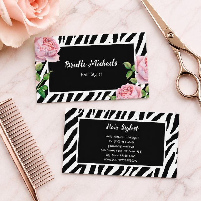 Friseur Zebra Rose Glam Visitenkarte (Zebra Floral Hairstylist Pink Rose Business Card
)