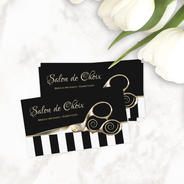 Friseurin Wide Stripes Chic Gold Salon Schere Visitenkarte (Hairstylist Wide Stripes Chic Gold Salon Scissors Business Cards)