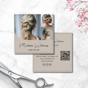 Friseursalon 3 Fotos QR-Code Beige Quadratische Visitenkarte