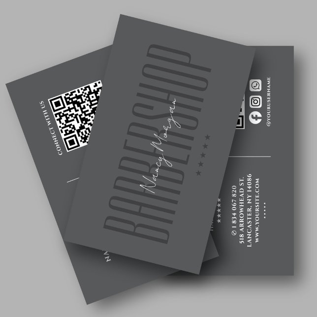 Friseursalon-Barbier Dark Grey Modern QR-Code  Visitenkarte (Von Creator hochgeladen)