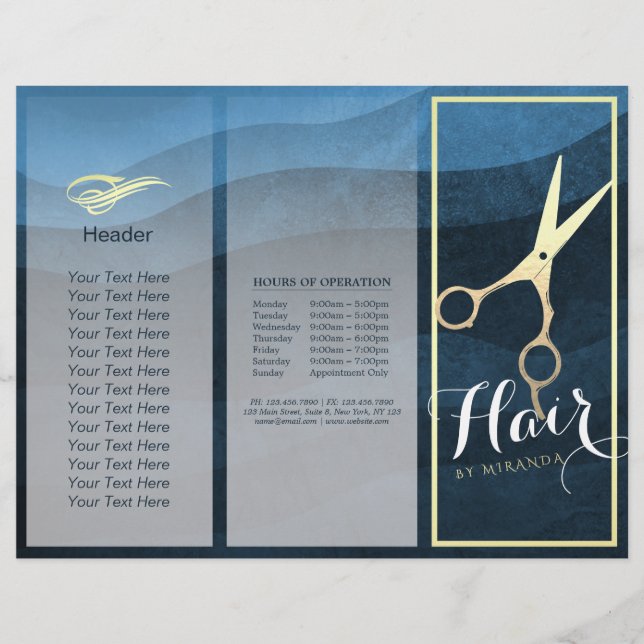 Friseursalon Blue Gold Scissors Tri-Fold (Vorderseite)