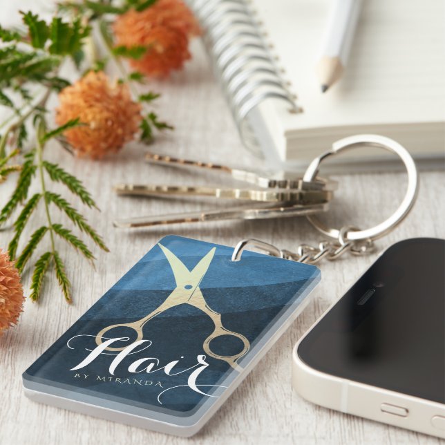 Friseursalon Friseursalon Moderne Blue & Gold Sche Schlüsselanhänger (Vorderseite rechts)