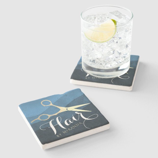 Friseursalon Friseursalon Moderne Blue & Gold Sche Steinuntersetzer (Seitenansicht)