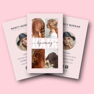 Friseursalon-Kalligrafie-Fotocollage-Blush-Pink Visitenkarte
