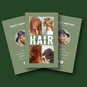 Friseursalon-Kalligrafie-Fotocollage Sage Green Visitenkarte