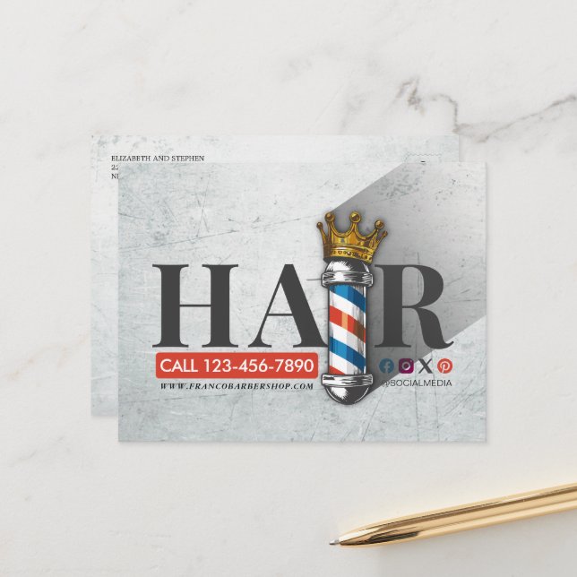 Friseursalon King Crown Barber Pole Postkarte (Vorderseite/Rückseite Beispiel)