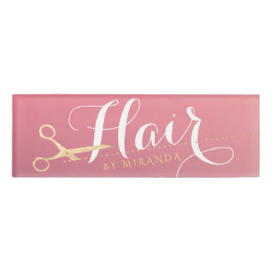 Friseursalon Makeup Salon Moderne rosa Goldschere Namenschild