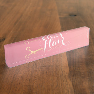 Friseursalon Makeup Salon Moderne rosa Goldschere Namensplakette