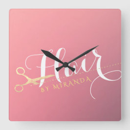 Friseursalon Makeup Salon Moderne rosa Goldschere Quadratische Wanduhr