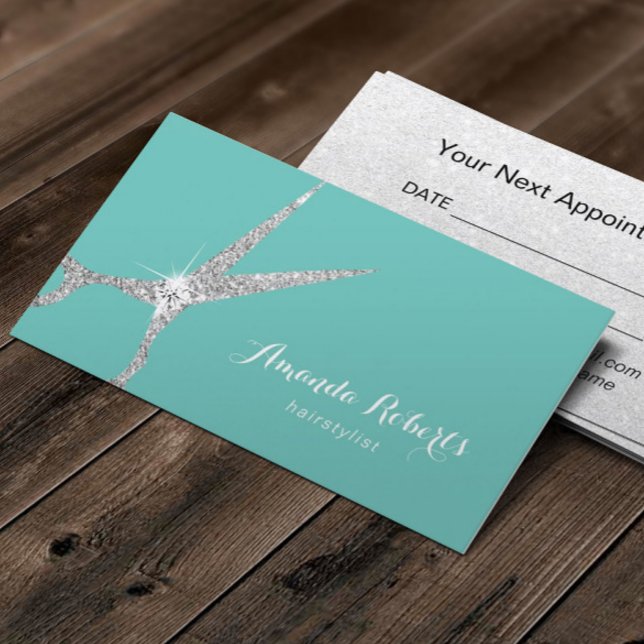 Friseursalon Moderne Silberschere Aquamarine Ernen Terminkarte (Von Creator hochgeladen)