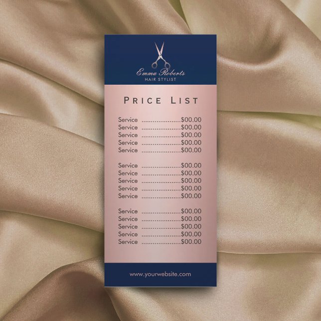 Friseursalon Rose Goldschere Navy Blue Preisliste Werbekarte (Von Creator hochgeladen)