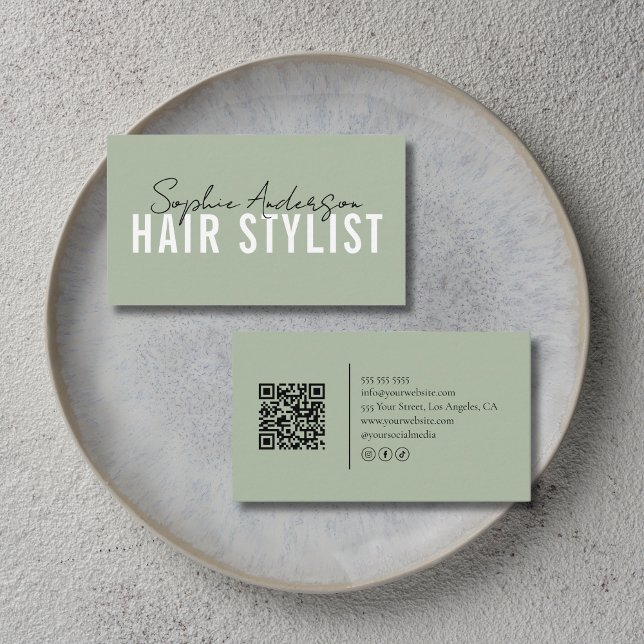 Friseursalon Sage Green QR Code Visitenkarte (Hair Stylist Salon Sage Green QR Code Business Card)